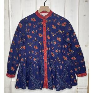Ro’s Garden Oversized Flowy Top Cottagecore Lagenlook Red Navy Granny Floral XS
